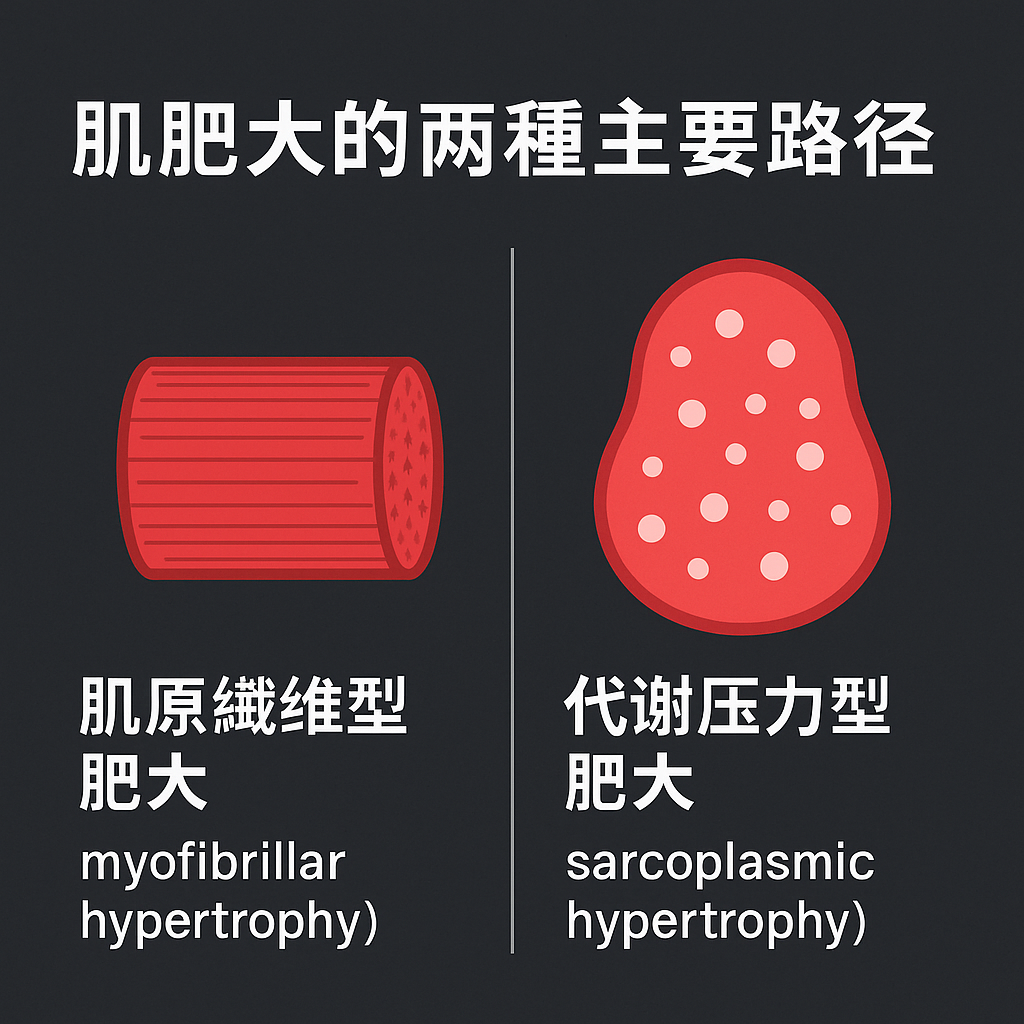 肌肥大的兩種主要路徑肌原纖維型肥大(myofibrillar hypertrophy)與代謝壓力型肥大(sarcoplasmic hypertrophy)