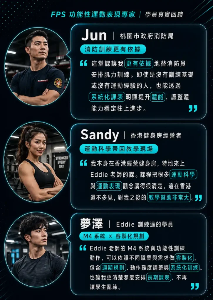 FPS 功能性運動表現專家學員見證，Jun、Sandy 與夢澤分享消防訓練、運動科學教學與 M4 系統課程收穫