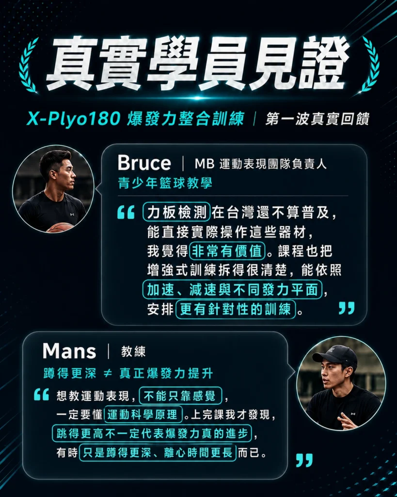 X-Plyo180 爆發力整合訓練學員見證，Bruce 與 Mans 分享測力板檢測、加速減速與爆發力訓練收穫